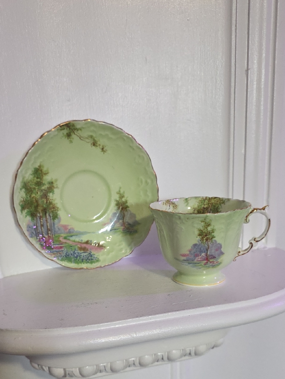 vintage Aynsley bone china tea cup and saucer set featuring a woodland scene